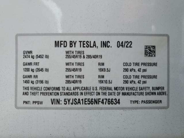 5YJSA1E56NF476634 - 2022 TESLA MODEL S WHITE photo 13