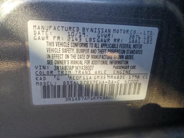 3N1AB7AP1KY438007 - 2019 NISSAN SENTRA S GRAY photo 12