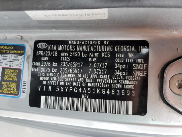 5XYPG4A51KG463693 - 2019 KIA SORENTO LX SILVER photo 14