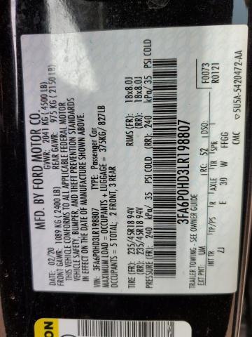 3FA6P0HD3LR198807 - 2020 FORD FUSION SE BLACK photo 13