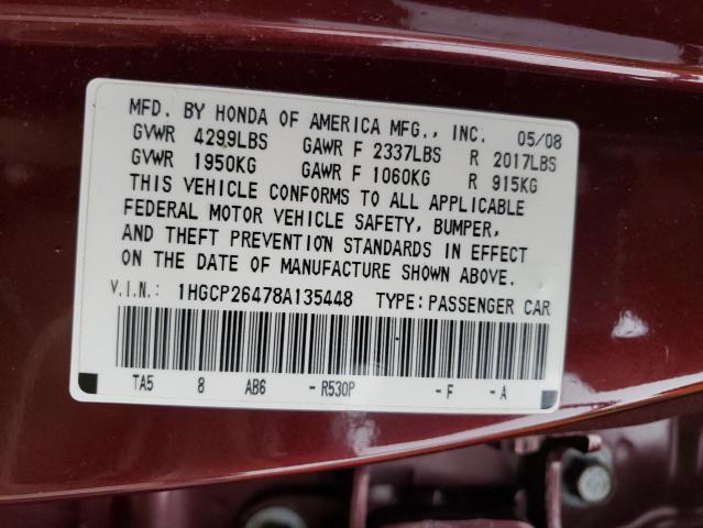 1HGCP26478A135448 - 2008 HONDA ACCORD LXP MAROON photo 13