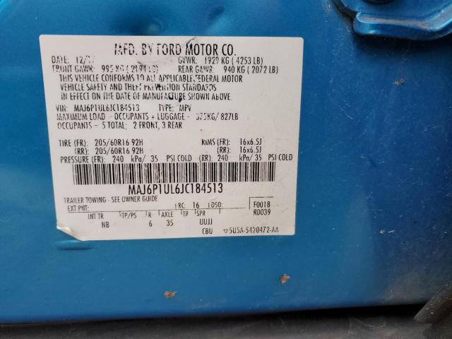 MAJ6P1UL6JC184513 - 2018 FORD ECOSPORT SE BLUE photo 13