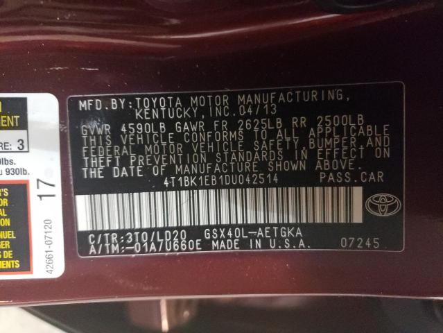 4T1BK1EB1DU042514 - 2013 TOYOTA AVALON BASE 栗色 照片 12