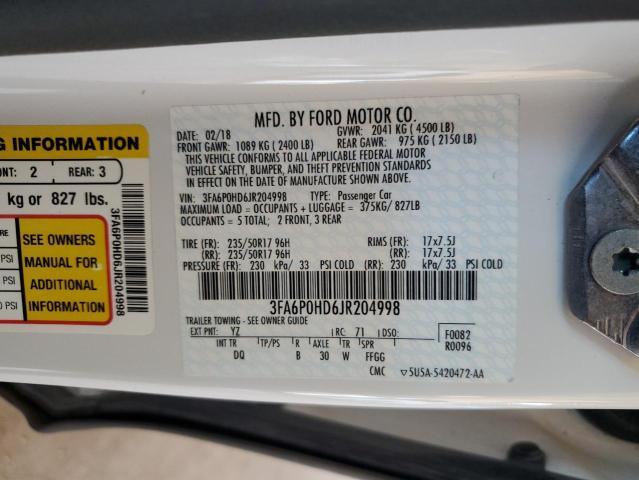 3FA6P0HD6JR204998 - 2018 FORD FUSION SE WHITE photo 12