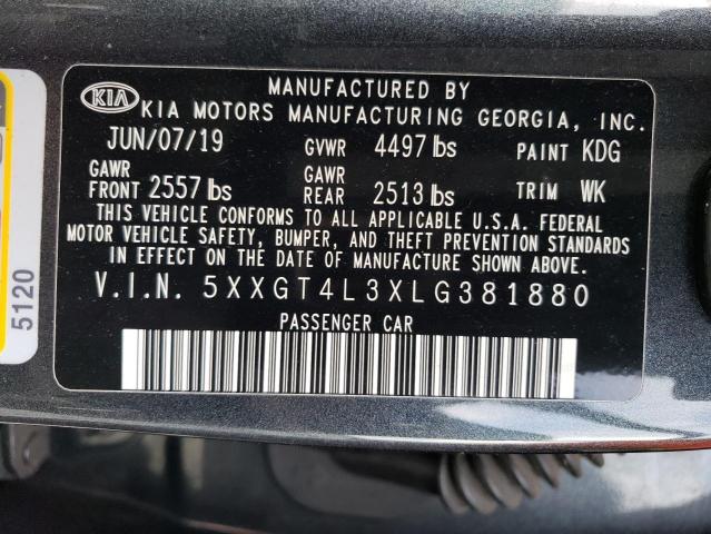 5XXGT4L3XLG381880 - 2020 KIA OPTIMA LX GRAY photo 12