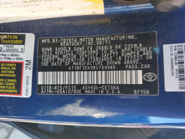 4T1BF3EK9BU769980 - 2011 TOYOTA CAMRY 4D 2 BASE BLUE photo 12