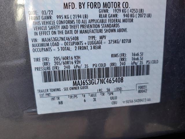 MAJ6S3GL7NC465408 - 2022 FORD ECOSPORT SE ნაცრისფერი ფოტო 12