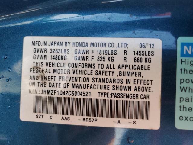 JHMZF1D42CS004521 - 2012 HONDA CR-Z BLUE photo 13