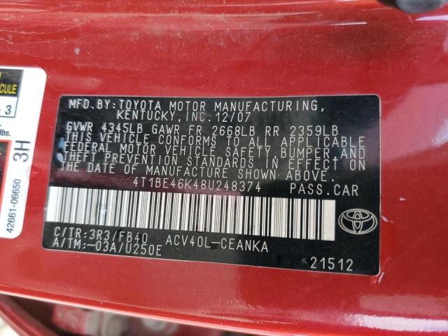 4T1BE46K48U248374 - 2008 TOYOTA CAMRY CE RED photo 13