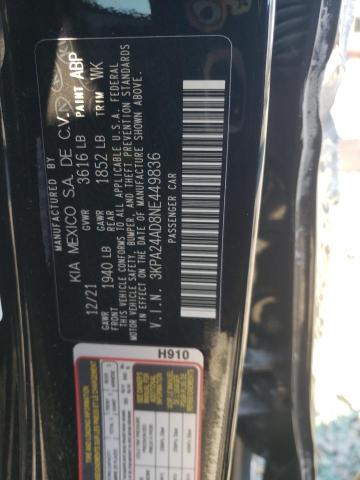 3KPA24AD8NE449836 - 2022 KIA RIO LX BLACK photo 12