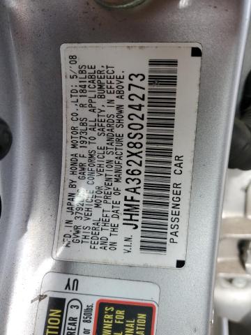 JHMFA362X8S024273 - 2008 HONDA CIVIC HYBRID SILVER photo 12