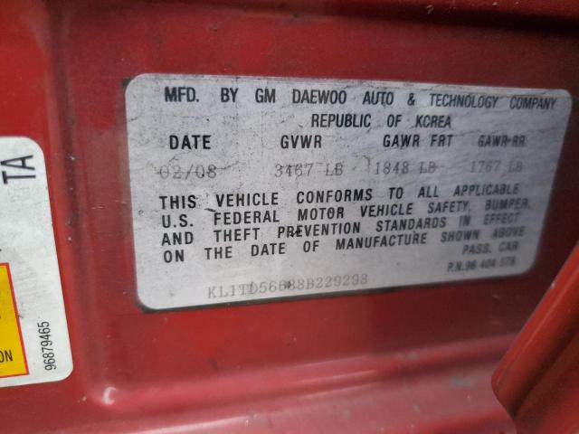 KL1TD56688B229298 - 2008 CHEVROLET AVEO BASE BURGUNDY photo 12