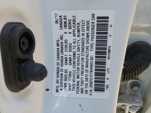 2HGFC1F7XHH651561 - 2017 HONDA CIVIC EXL WHITE photo 12