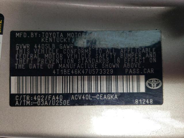 4T1BE46K47U573329 - 2007 TOYOTA CAMRY CE TAN photo 12