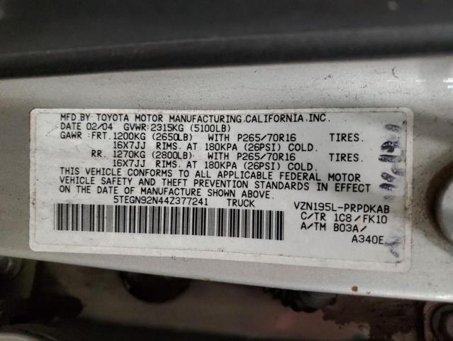 5TEGN92N44Z377241 - 2004 TOYOTA TACOMA DOUBLE CAB PRERUNNER SILVER photo 12