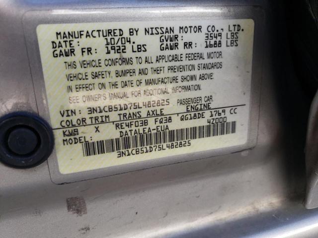 3N1CB51D75L482825 - 2005 NISSAN SENTRA 1.8 GRAY photo 12