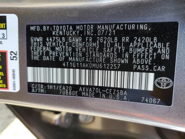 4T1G11AK0MU612257 - 2021 TOYOTA CAMRY SE CHARCOAL photo 13