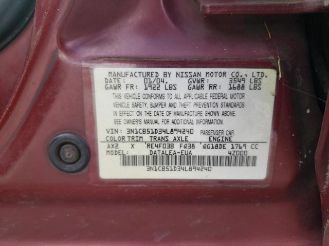 3N1CB51D34L894240 - 2004 NISSAN SENTRA 1.8 BURGUNDY photo 12