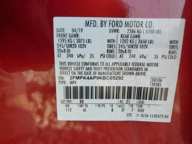 2FMPK4AP9KBC05292 - 2019 FORD EDGE ST RED photo 13