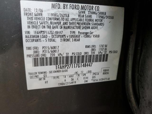 1FAHP27117G148447 - 2007 FORD FIVE HUNDR SEL GRAY photo 12