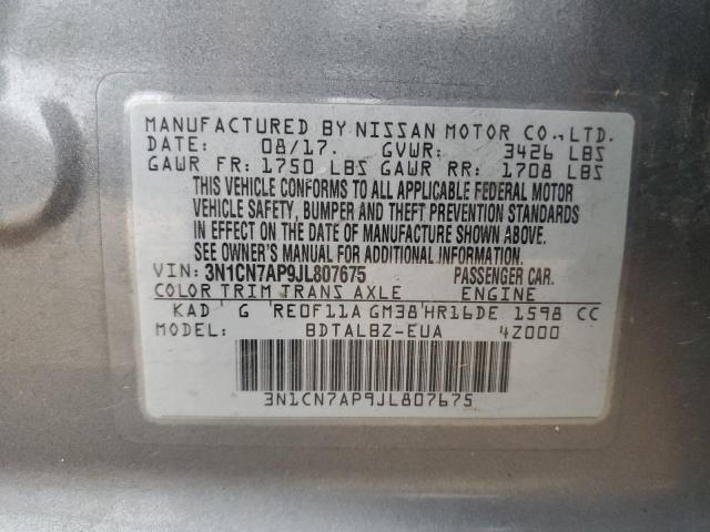 3N1CN7AP9JL807675 - 2018 NISSAN VERSA S GRAY photo 12