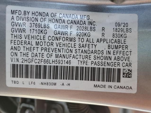 2HGFC2F66LH593146 - 2020 HONDA CIVIC LX SILVER photo 12