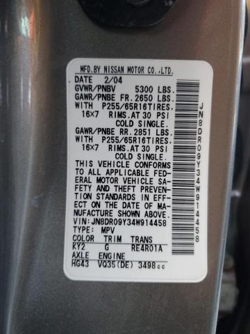 JN8DR09Y34W914458 - 2004 NISSAN PATHFINDER LE GOLD photo 12