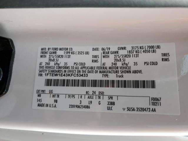 1FTEW1E43KFC53433 - 2019 FORD F150 SUPERCREW WHITE photo 13