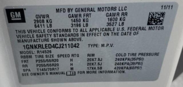 1GNKRLED4CJ211042 - 2012 CHEVROLET TRAVERSE LTZ CREAM photo 12