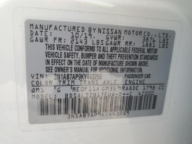 3N1AB7AP9KY443259 - 2019 NISSAN SENTRA S WHITE photo 12