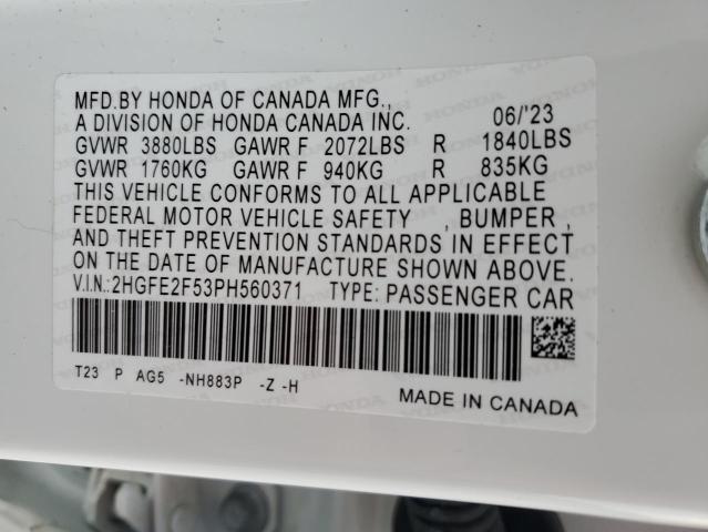 2HGFE2F53PH560371 - 2023 HONDA CIVIC SPORT WHITE photo 13