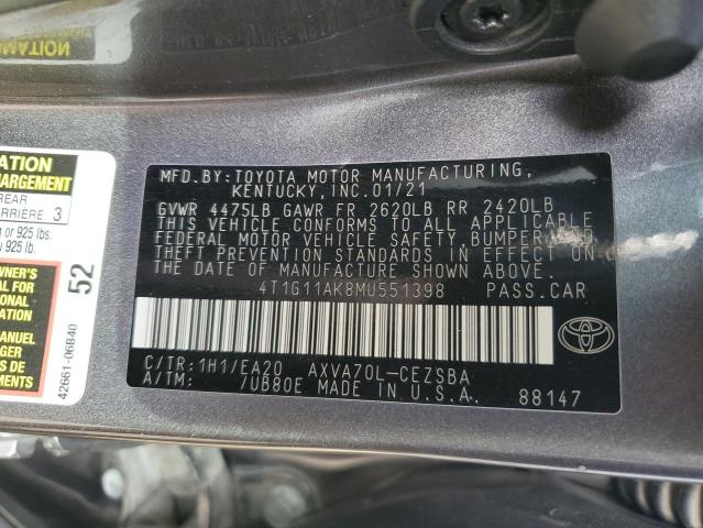 4T1G11AK8MU551398 - 2021 TOYOTA CAMRY SE GRAY photo 13