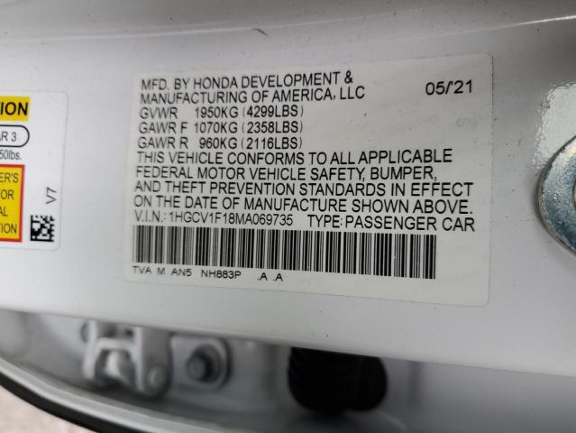 1HGCV1F18MA069735 - 2021 HONDA ACCORD LX WHITE photo 12