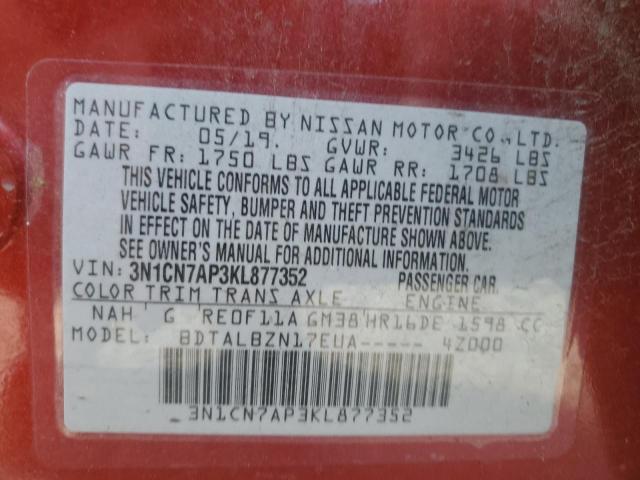 3N1CN7AP3KL877352 - 2019 NISSAN VERSA S RED photo 12