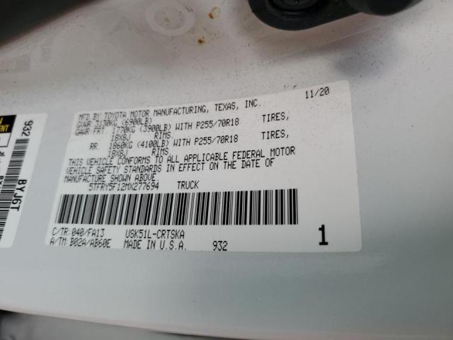 5TFRY5F12MX277694 - 2021 TOYOTA TUNDRA DOUBLE CAB SR/SR5 WHITE photo 12