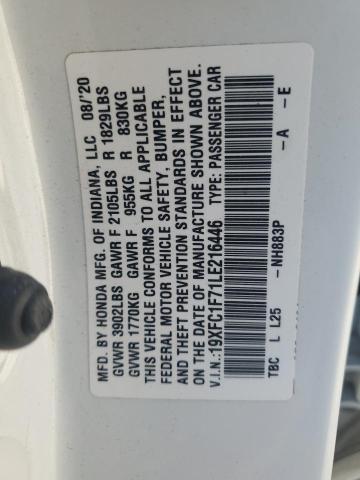 19XFC1F71LE216446 - 2020 HONDA CIVIC EXL თეთრი ფოტო 12