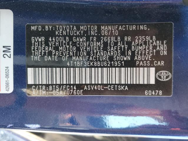 4T1BF3EK8BU621951 - 2011 TOYOTA CAMRY BASE BLUE photo 12