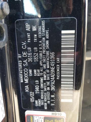 3KPA24AD9NE491366 - 2022 KIA RIO LX BLACK photo 12