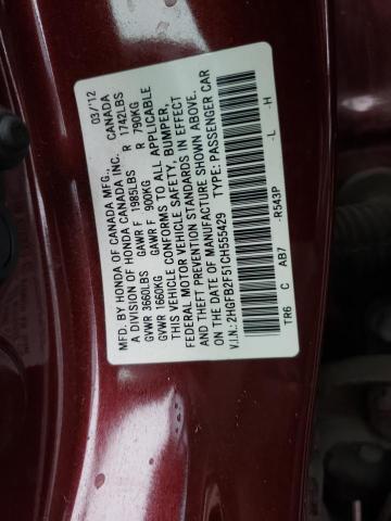 2HGFB2F51CH555429 - 2012 HONDA CIVIC LX BURGUNDY photo 12