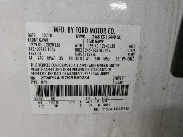 2FMPK4J97KBB59284 - 2019 FORD EDGE SEL WHITE photo 13