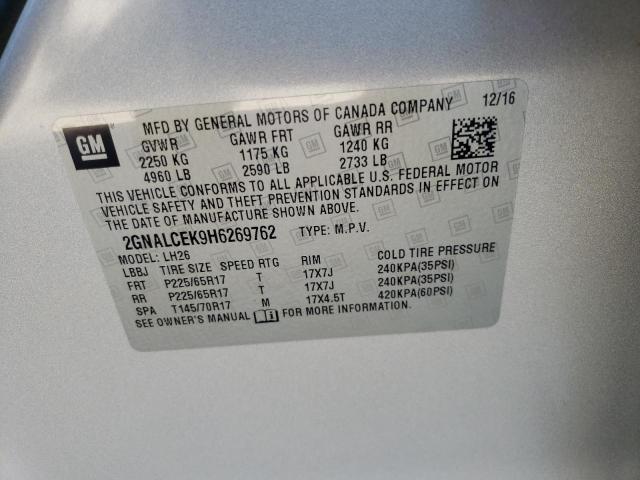 2GNALCEK9H6269762 - 2017 CHEVROLET EQUINOX LT SILVER photo 13