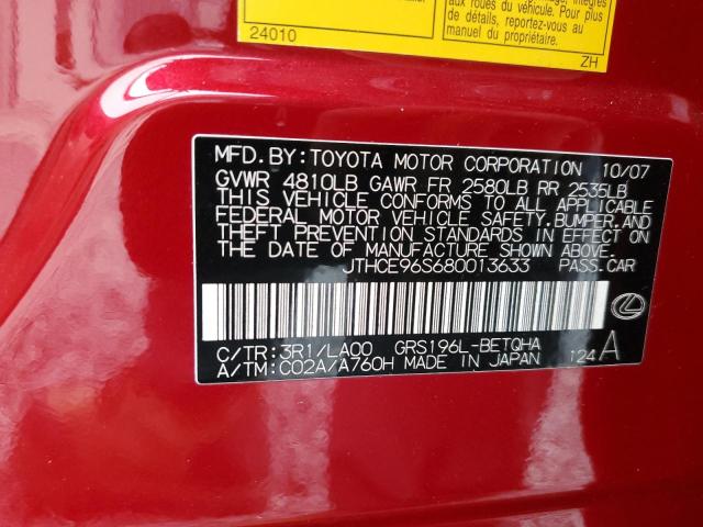 JTHCE96S680013633 - 2008 LEXUS GS 350 RED photo 13