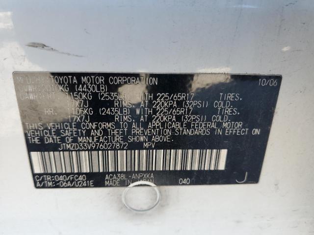 JTMZD33V976027872 - 2007 TOYOTA RAV4 WHITE photo 13