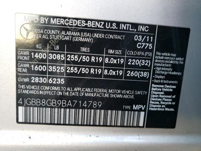 4JGBB8GB9BA714789 - 2011 MERCEDES-BENZ ML350 350 4MATIC SILVER photo 13