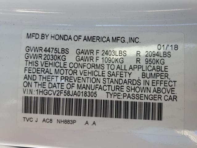 1HGCV2F58JA018305 - 2018 HONDA ACCORD EXL WHITE photo 12