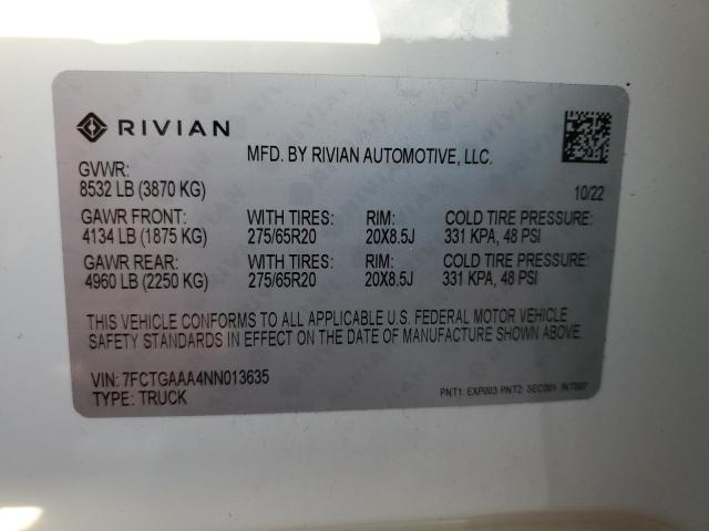 7FCTGAAA4NN013635 - 2022 RIVIAN R1T ADVENTURE WHITE photo 12