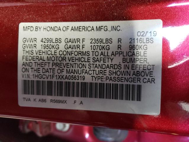 1HGCV1F1XKA056319 - 2019 HONDA ACCORD LX RED photo 12