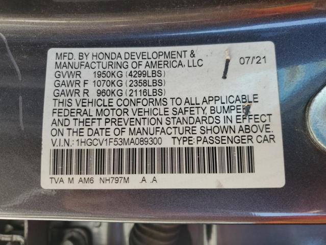 1HGCV1F53MA089300 - 2021 HONDA ACCORD EXL GRAY photo 12