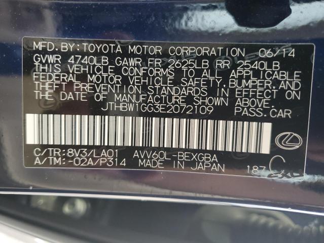 JTHBW1GG3E2072109 - 2014 LEXUS ES 300H BLUE photo 12