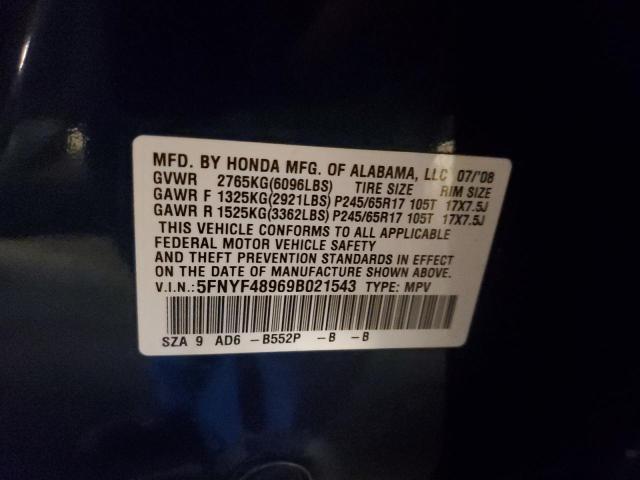 5FNYF48969B021543 - 2009 HONDA PILOT TOURING BLUE photo 12